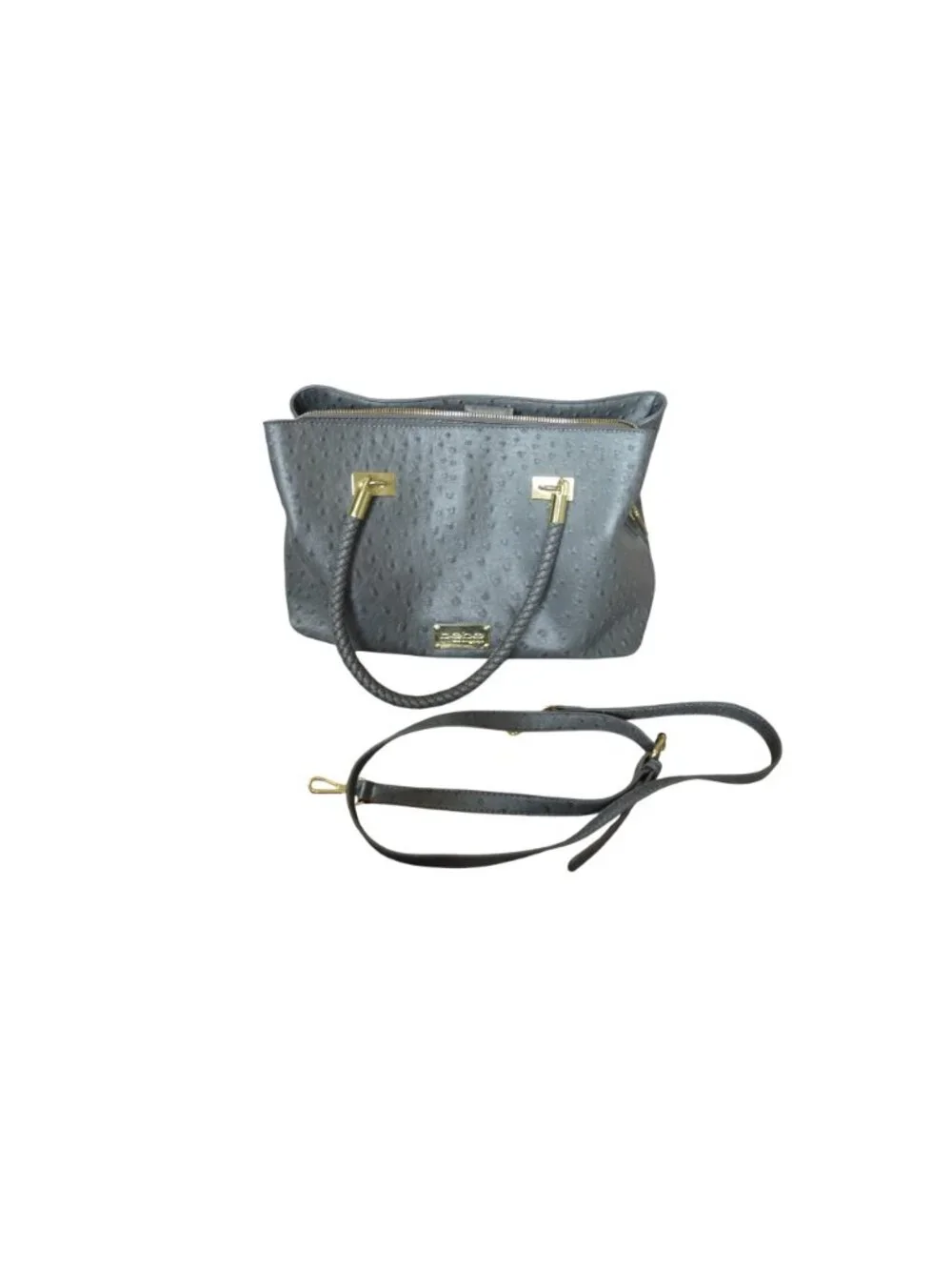 Bebe Jackie Ostrich Grey Satchel Bag Purse Braided Handles Crossbody Strap Gold
